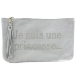 Les poulettes bijoux - pochette sac cuir brod� je suis une princesse couleur argent�