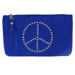 Les poulettes bijoux - pochette sac cuir clout� signe peace and love couleur bleu ma