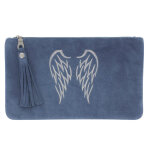 Les poulettes bijoux - pochette sac daim brod� deux ailes d'ange couleur bleues
