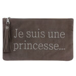 Les poulettes bijoux - pochette sac daim brod� je suis une princesse couleur taupe
