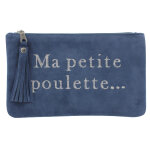 Les poulettes bijoux - pochette sac daim brod� ma petite poulette couleur bleu gris