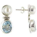 Les poulettes bijoux - v boucles d'oreilles argent perle blanche et topaze ovale