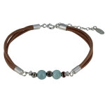 Les poulettes bijoux - v bracelet lien cuir marron clair perles d'agate et de larimar