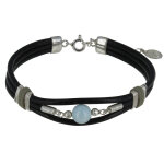 Les poulettes bijoux - v bracelet lien cuir noir coton beige et perle de larimar