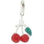 Les poulettes bijoux - v charms bracelet argent cerises griottes strass verts et rou