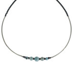 Les poulettes bijoux - v collier tubes argent perles d'h�matites et de larimar