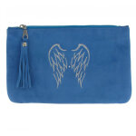 Les poulettes bijoux - v pochette sac daim brod� deux ailes d'ange couleur bleu azur