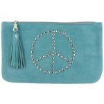 Les poulettes bijoux - v pochette sac daim clout� signe peace and love couleur turqu