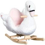 Cheval � bascule mod�le cygne fonction musicale assise enveloppante cale - pieds bois peluche douce blanc ...
