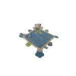 Doudou chat plat 40 cm grelot dentition bleu vert violet très bon etat Doudou chat plat 40 cm grelot dentition bleu vert violet très bon etat