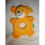 Doudou chien ourson jaune hochet grelot anneau bledina broderie marron