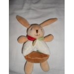 Doudou hochet lapin pim de doudou et compagnie grelot anneau rond marron beige col rouge bordeaux vert ...