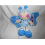 Doudou lutin papillon bleu joue rose fushia magenta bille dans le corps noeud mauve lilas violet parme ...