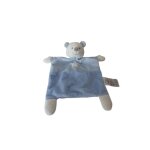 Doudou ours plat 30 cm  mots d'enfants  blanc bleu avec motif toile  comme neuf