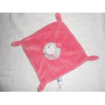 Doudou plat fleur rose souris qui dort gris carre 4 noeuds sucre d'orge