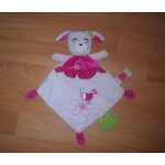 Doudou plat influx chien rose brodé d'un oiseau, anneau de dentition vert Doudou plat influx chien rose brodé d'un oiseau, anneau de dentition vert