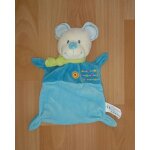 Doudou plat nicotoy ours blanc a corps bleu ciel et turquoise avec echarpe verte, petites broderies devant. ...