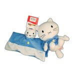 Doudou plat peluche binz set lot chat bleu blanc musti bengy - 19 cm