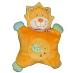 Doudou semi plat coussin lion orange pommette