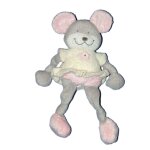 Doudou souris rose gris blanc. fleur brode. grelot. nicotoy. h 25 cm