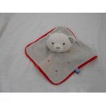 Doudou sucre d'orge plat carre gris marron beige ecru creme ivoire bord rouge etoile tete ours cajou