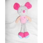 Doudou sucre d'orge souris rose grise fleur pommette bleu 30cm bras saumon jaune orange