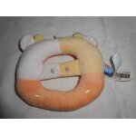 Hochet doudou anneau de dentition grelot orange jaune vert rouge blanc vache girafe sucre d'orge