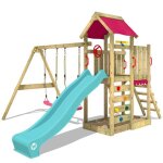 Wickey aire de jeux multiflyer portique de jeux en bois avec balan�oire double et toboggan turquois