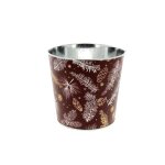 Cache pot en mtal rouge  motifs pin -  13, 5 x h 12 cm