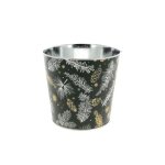 Cache pot en m�tal vert � motifs pin - � 13, 5 x h 12 cm