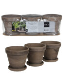 Ensemble de 3 pots en terre cuite gris basalt avec soucoupe stan -  13, 5 x h 12 cm