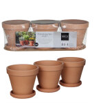 Ensemble de 3 pots en terre cuite marron avec soucoupe stan - � 13, 5 x h 12 cm