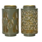 Lanterne cylindre feuilles coloris vert en mtal -  14 cm