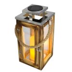 Lanterne solaire en mtal et bois naturel avec bougie  led et poigne en corde oaky