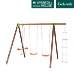Portique en bois multi - activits avec 2 balanoires, un face  face et une chelle 2,