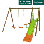 Portique en bois multi - activits avec 2 balanoires, un face  face et un toboggan 2,