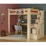 Ma chambre d'enfant lit mezzanine ado 2 places avec escalier et bureau naolo bois naturel 140x190 cm