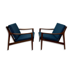 2 fauteuils design scandinaves en teck et tissu bleu vintage année 60 2 fauteuils design scandinaves en teck et tissu bleu vintage année 60