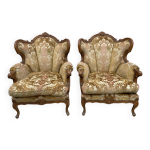 2 fauteuils type louis xv tissu broch� et velout�