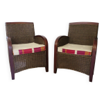 2 fauteuils en rotin tressé et bois, années 80 2 fauteuils en rotin tressé et bois, années 80