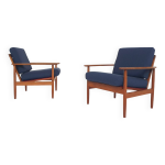 2 fauteuil scandinaves en teck et tissu bleu, danemark 1960