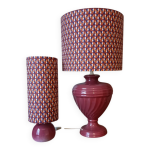 2 lampes en c�ramique framboise, abat - jour imprim� vintage