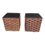 2 poufs scandinaves en jacinthe d'eau marron tresse et cuir
