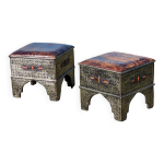 2 tabourets / poufs orientaux bois / metal / cuir