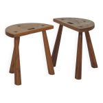 2 tabourets tripodes demi - lune en bois massif vintage circa 1950