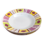 3 assiettes creuses porcelaine blanche frise multicolore dcor tulipe