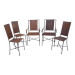 3 chaises et 2 fauteuils en fer forg et rotin cann, annes 50