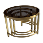3 tables gigognes annees 70 - rondes en laiton dor et plateaux en verre fum