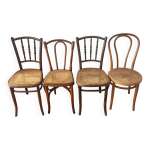 4 chaises de bistrot anciennes d�pareill�es bois et cannage