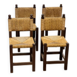 4 chaises brutalistes paille & bois